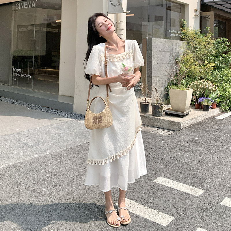 米白色法式方领泡泡袖连衣裙女夏季新款设计感拼接超好看显瘦长裙,女装连衣裙,浙宝211