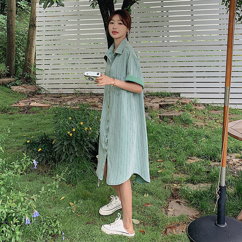 绿色竖条纹牛仔连衣裙女夏2024新款美式港风复古衬衫裙显瘦洋气图片