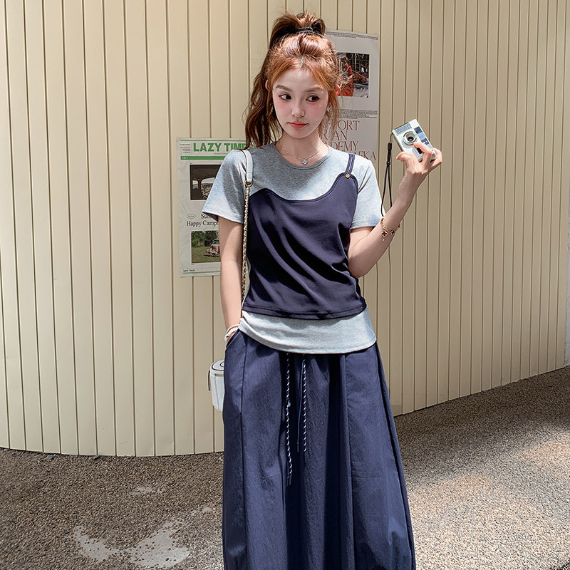 时尚假两件拼接T恤半身裙两件套女2025年夏季新款柔美设计套装裙,女装套装/套裙,浙宝211