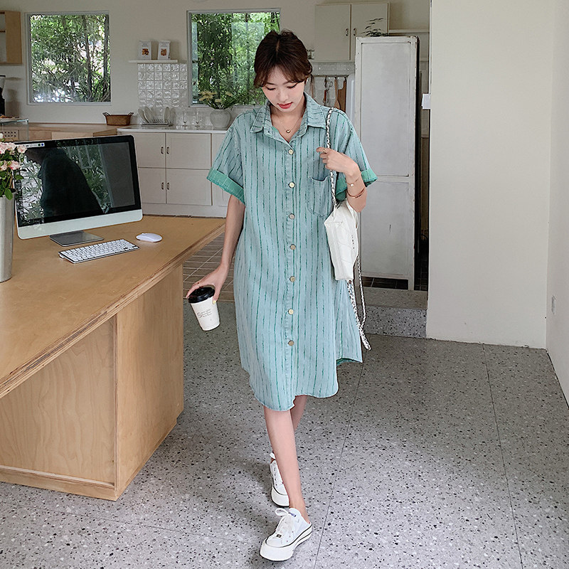 绿色竖条纹牛仔连衣裙女夏2024新款美式港风复古衬衫裙显瘦洋气,女装连衣裙,浙宝211