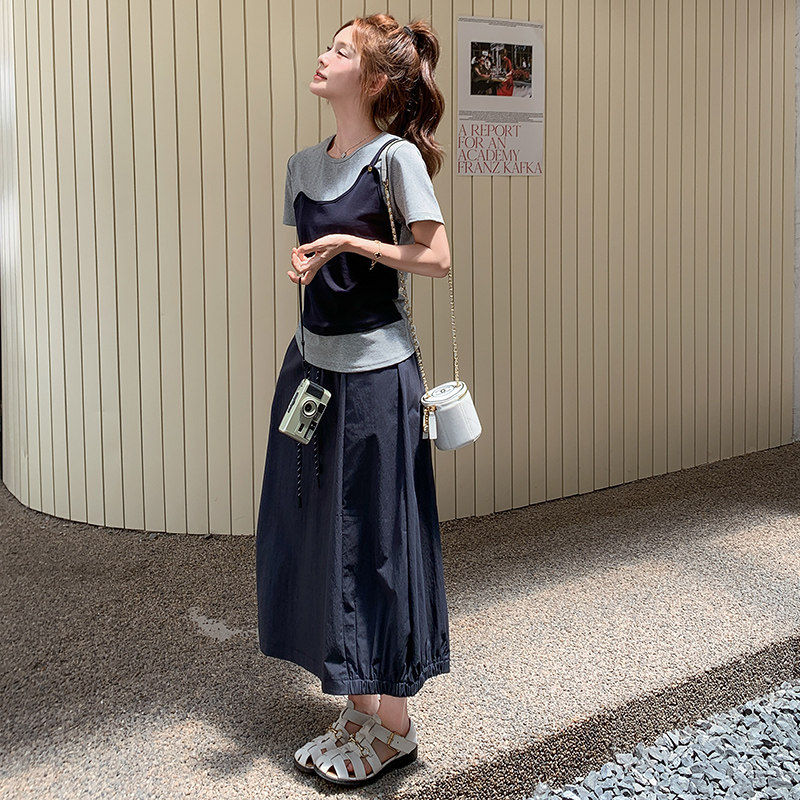 时尚假两件拼接T恤半身裙两件套女2025年夏季新款柔美设计套装裙,女装套装/套裙,浙宝211