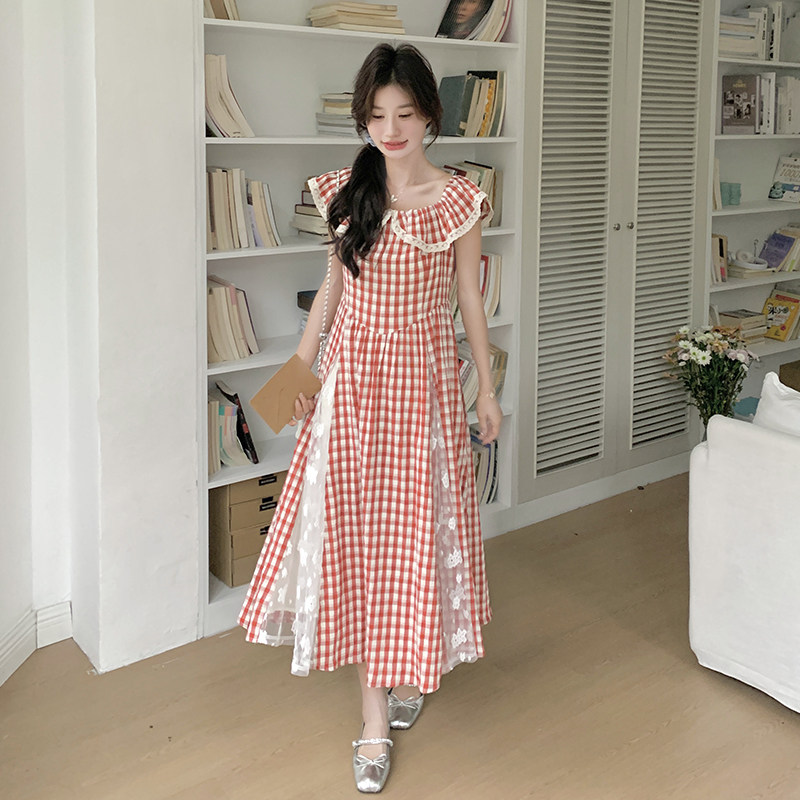 蕾丝拼接红色格纹连衣裙女夏2025新款甜美独特漂亮绝美多巴胺长裙,女装连衣裙,浙宝211
