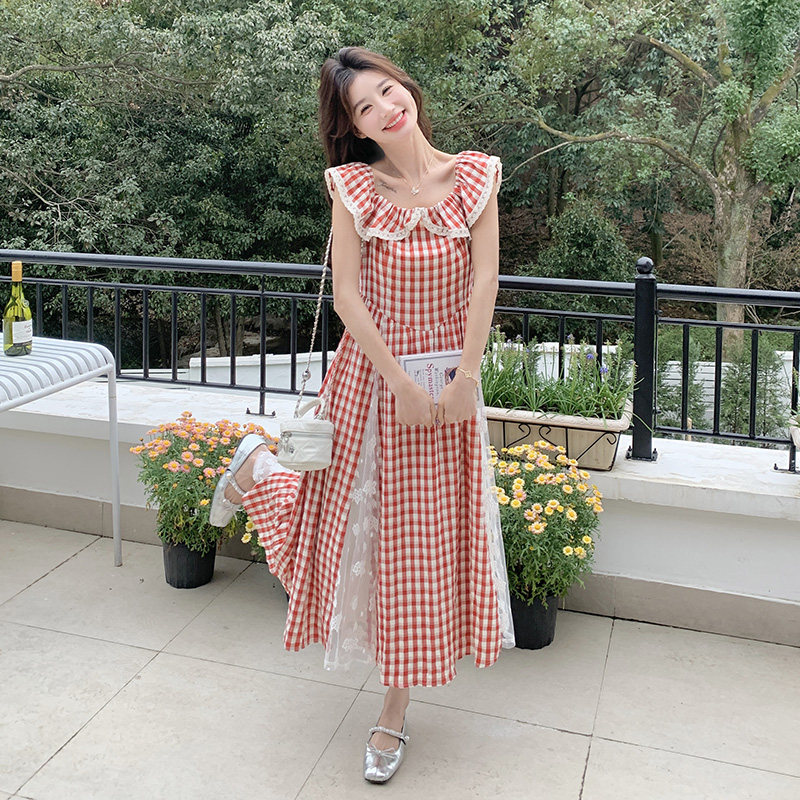温柔甜美显瘦浪漫蕾丝拼接格子长裙夏季新款超仙绝美气质连衣裙女,女装连衣裙,浙宝211