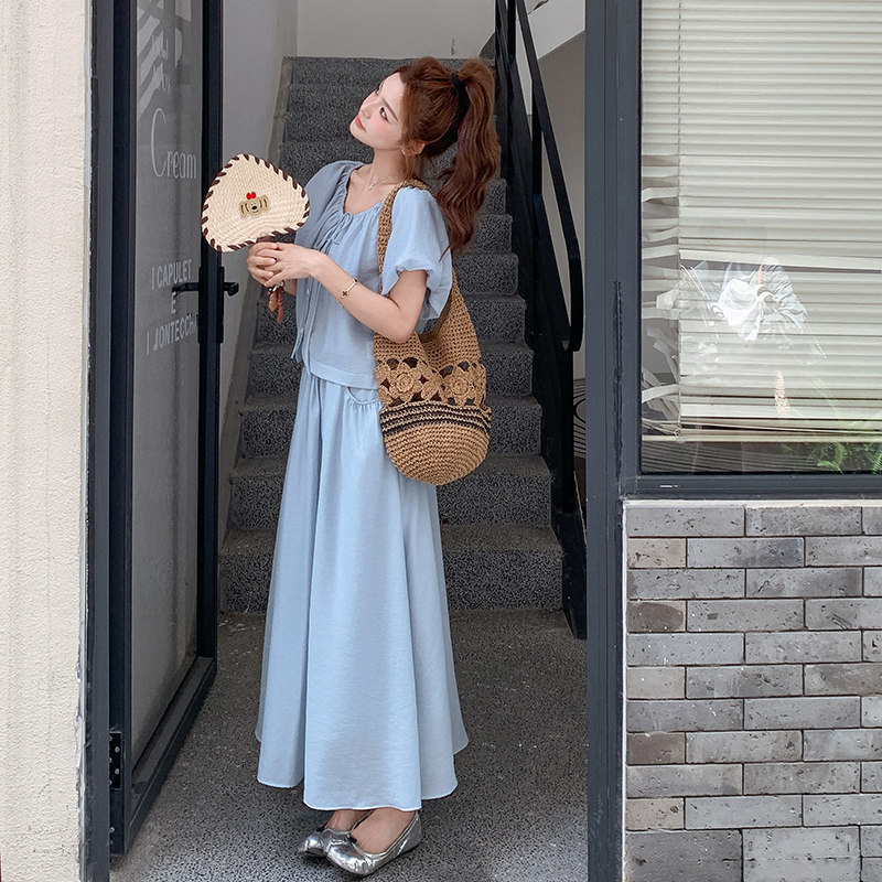 甜美灰蓝色衬衫半身裙套装女夏2025新款绝美俏皮两件套超好看洋气,女装套装/套裙,浙宝211