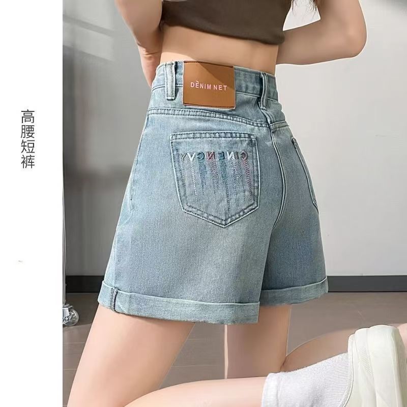 薄款夏a字宽松浅色高腰牛仔短裤