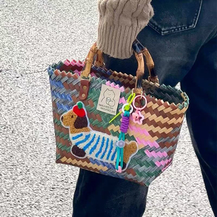 腊肠狗编织包菜篮子复古藤编手提包竹节草编包纯手工竹编包沙滩包