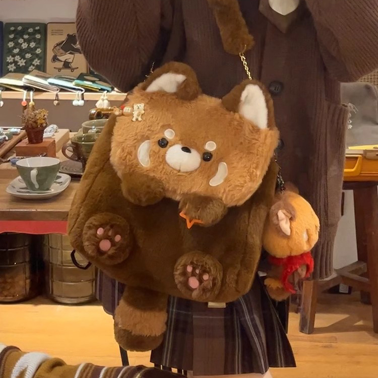 春季新款爱心棕色小熊单肩毛绒背包斜挎卡通书包可爱百搭双肩包jk
