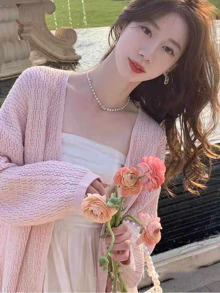 小个子粉色针织开衫女中长款薄2024新款纯色毛衣外套女高级感春秋