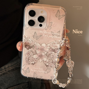 适用苹果16promax手机壳双层梦幻玫瑰蝴蝶iphone15挂链14适用13仙女甜美可爱高级感手机挂链防摔手机保护套