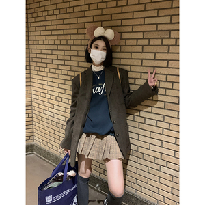 松本可可sbkk人字纹羊毛呢西装外套女冬韩系短款呢子大衣夹棉西服