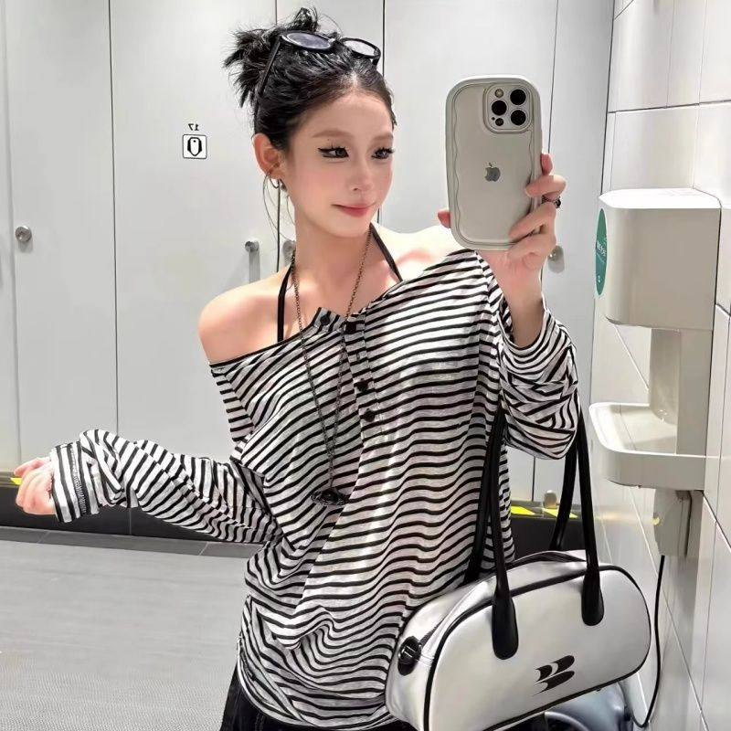 2026新款韩系设计感长袖透气条纹T恤女宽松休闲露肩时尚条纹上衣,女装/女士精品,T恤,淘宝优惠券,粉丝福利购,淘宝优惠卷