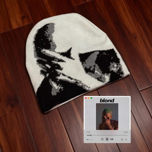 Vintage古着「Blonde」Frank法海恶搞专辑封面白色针织帽提花冷帽