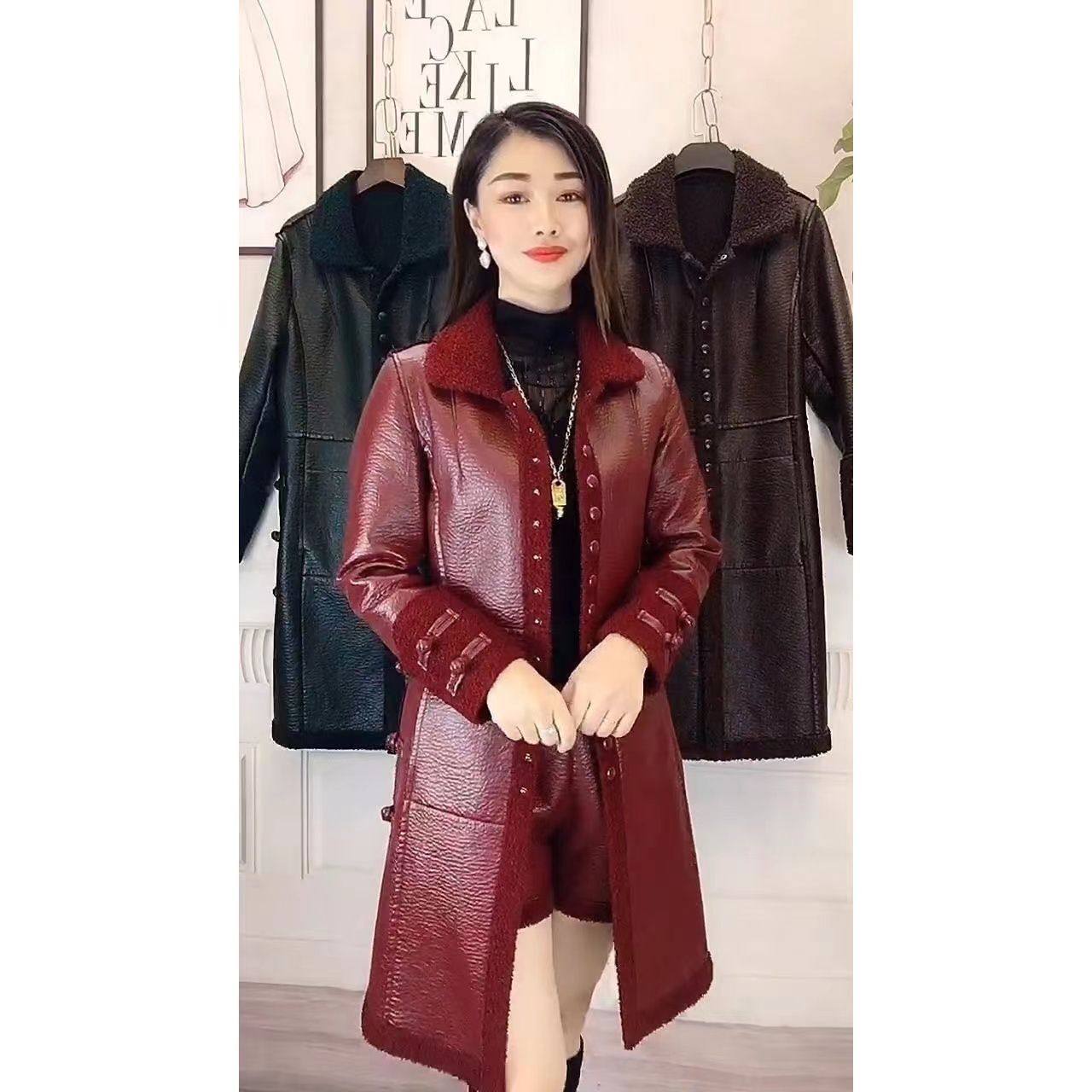 气质显瘦加绒加厚保暖妈妈外套皮衣女士中长款过膝风衣百搭皮大衣