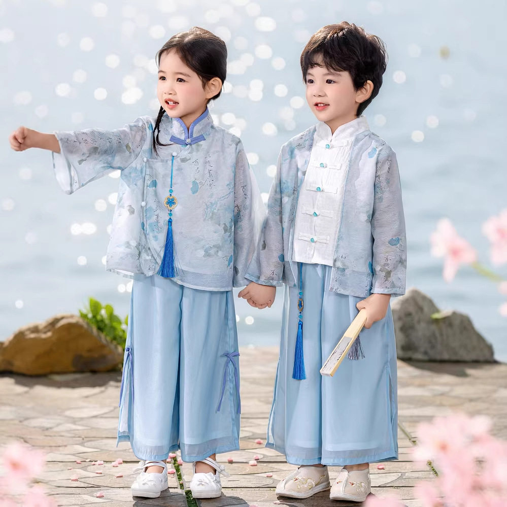 男女宝宝唐装舞台国学服汉服朗诵服古典中国风小学生上春山演出服