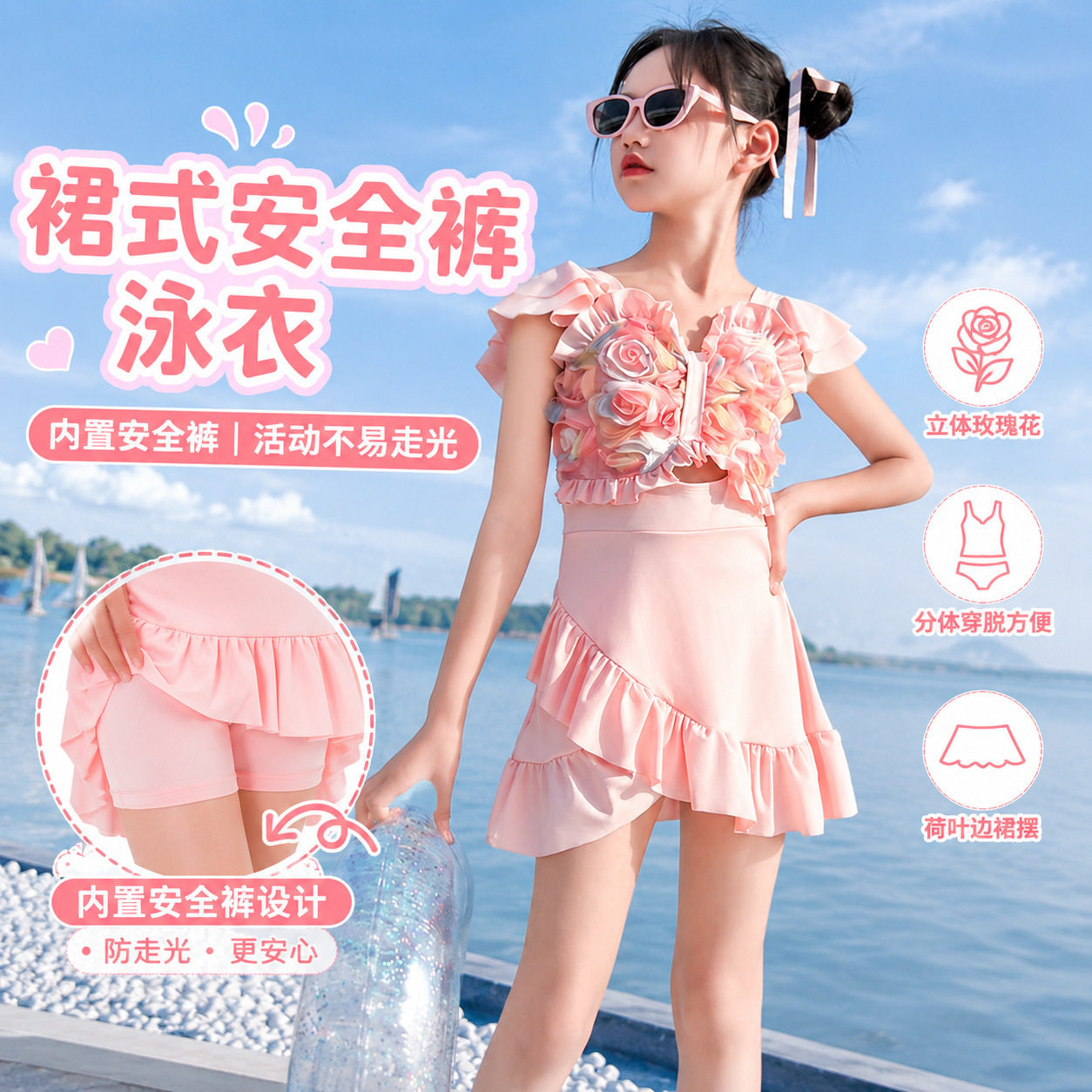 女童短袖连体泳衣裙式带安全裤防走光立体大游泳衣女孩保守泳装