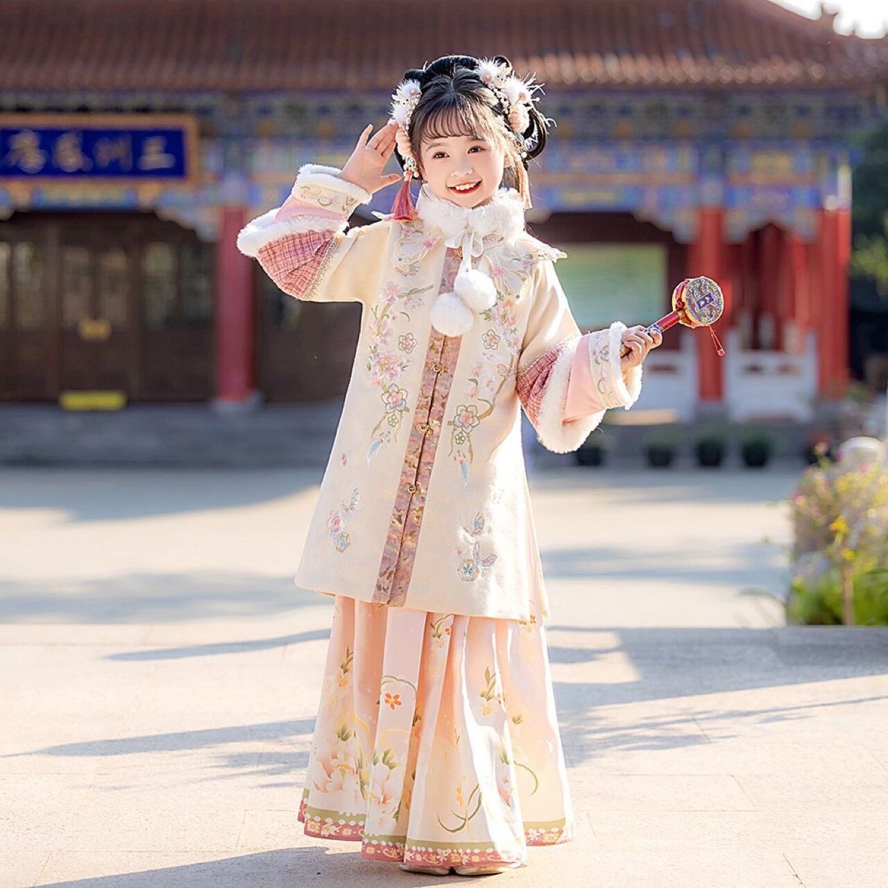 女童汉服唐装拜年新款加厚儿童中国古风古装汉服过年新年加绒冬款