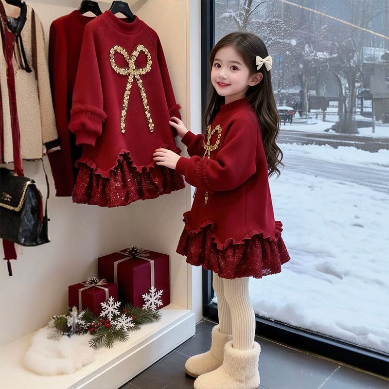 2025女童加绒亮片裙子新年连衣裙女孩喜庆红色卫衣裙女宝洋气年服