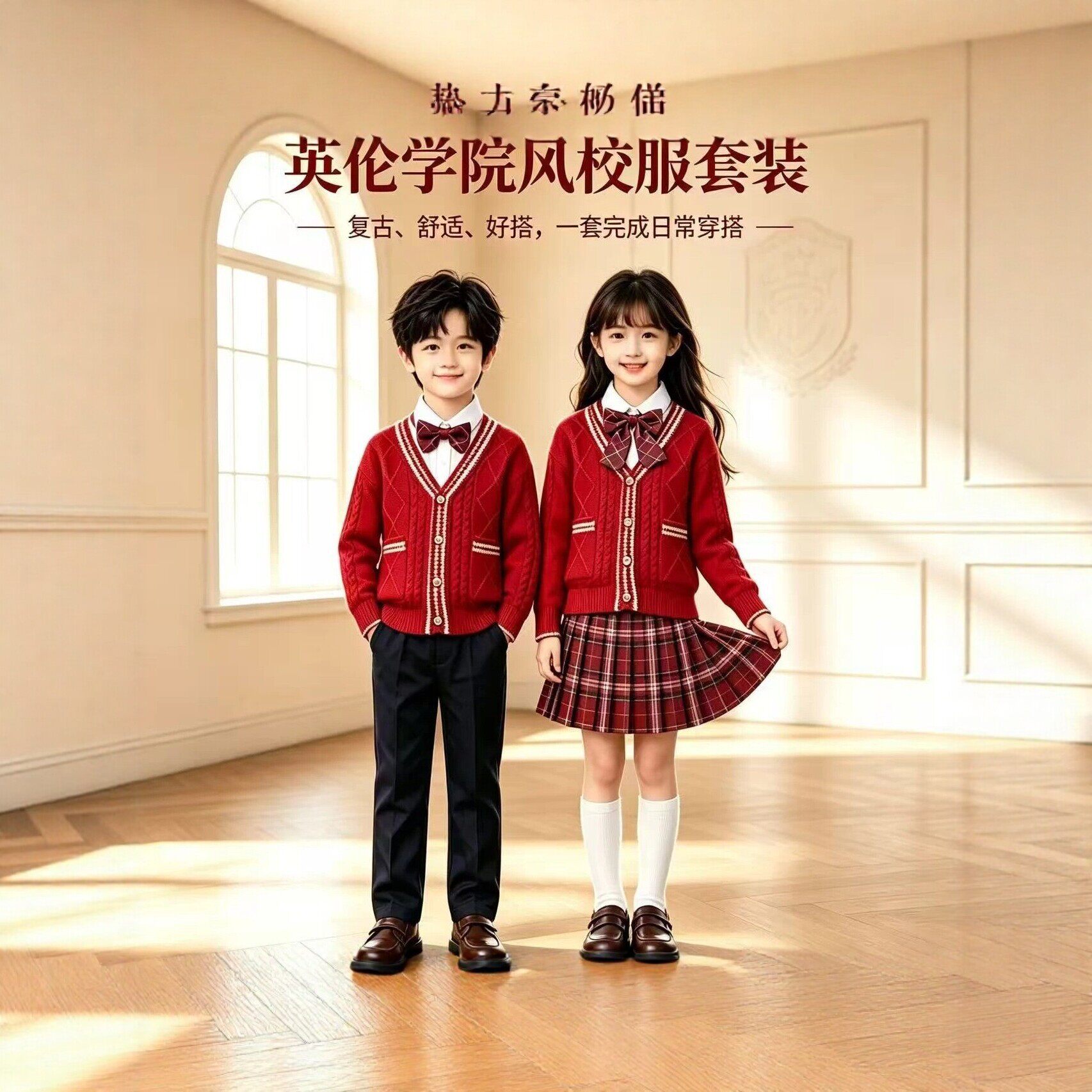 英伦风儿童校服套装幼儿园小学生班服红色针织开衫格裙演出表演服