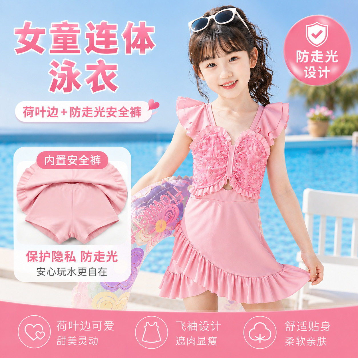 女童短袖防晒连体泳衣裙式速干立体大花儿童游泳衣女孩保守泳装