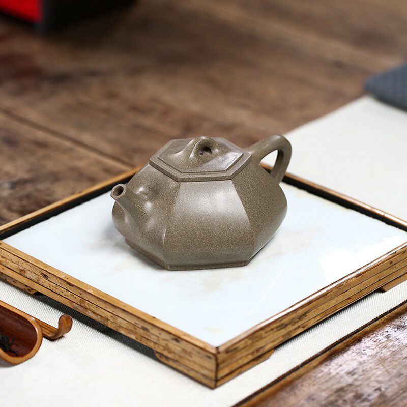纯全手工方壶宜兴紫砂茶壶原矿青灰段泥手制六方石瓢壶功夫茶具