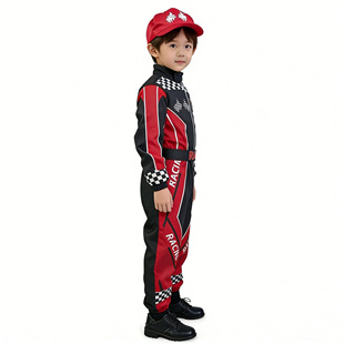 男童赛车服儿童角色扮演连体表演服长袖红黑拼色户外活动服饰红色