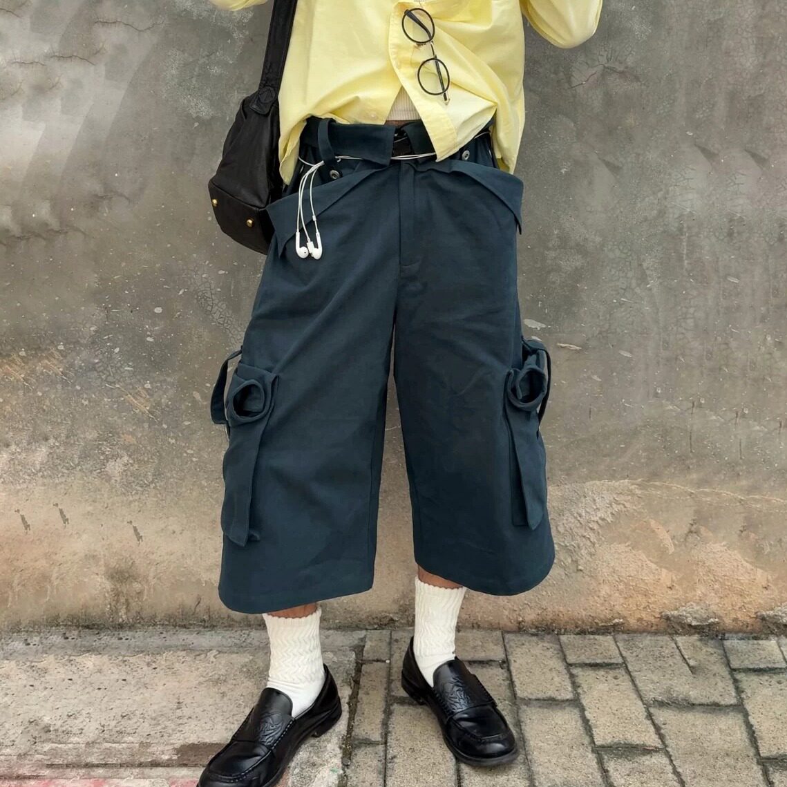 ShhhShh 立体剪裁系带扭曲鱼骨钢丝口袋美式A字工装阔腿七分短裤