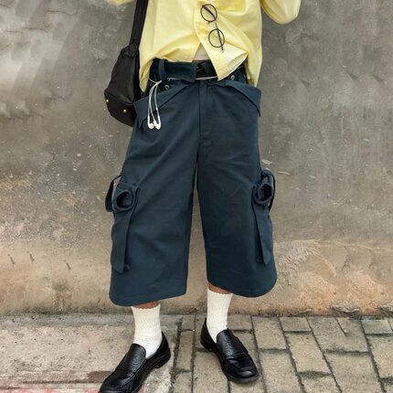 ShhhShh 立体剪裁系带扭曲鱼骨钢丝口袋美式A字工装阔腿七分短裤