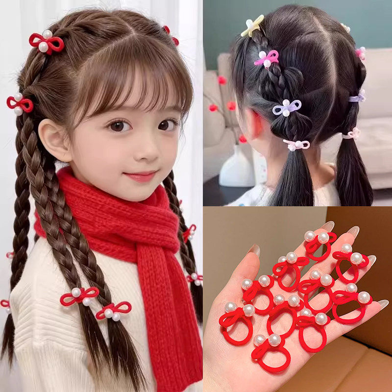 2026新年儿童红色头绳珍珠蝴蝶结小发圈欧若风迷你皮筋宝宝扎辫子