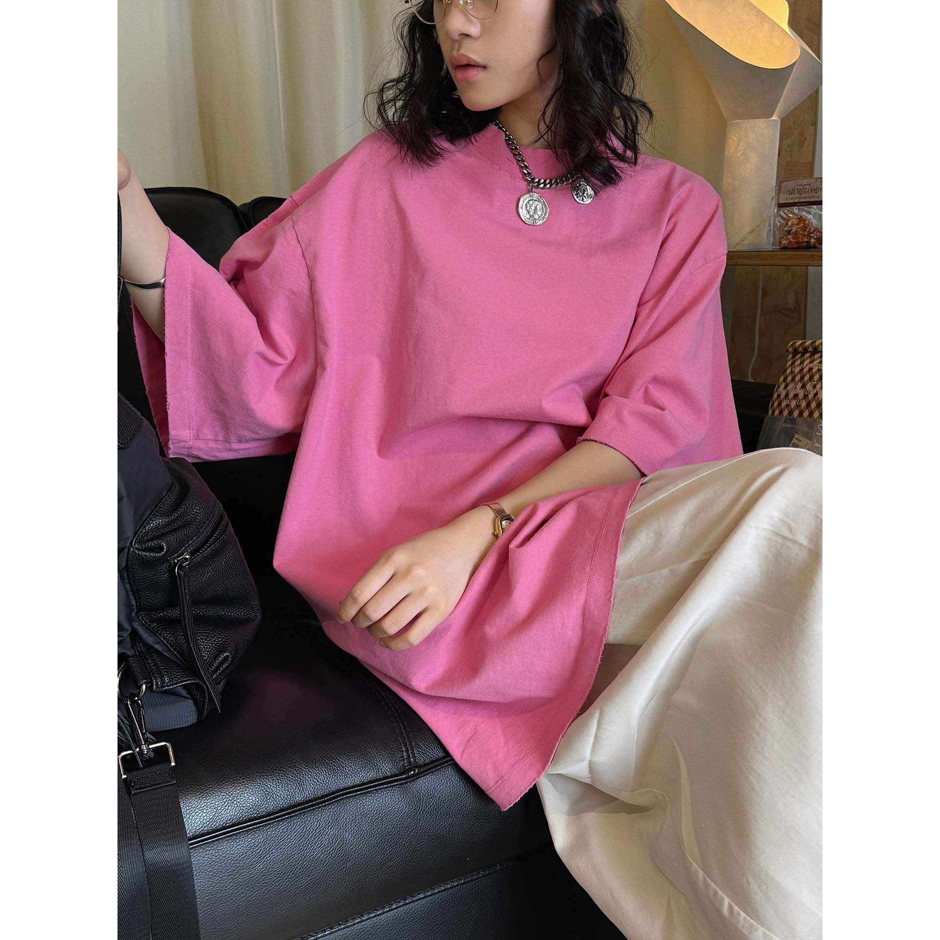 肆·春夏巴黎运动风领口不规则破洞oversizeT恤上衣女