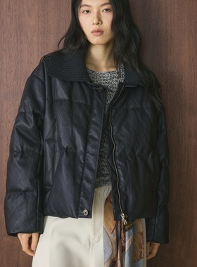 肆·甜酷翻领拼接PU皮90白鸭绒羽绒服舒适保暖外套女