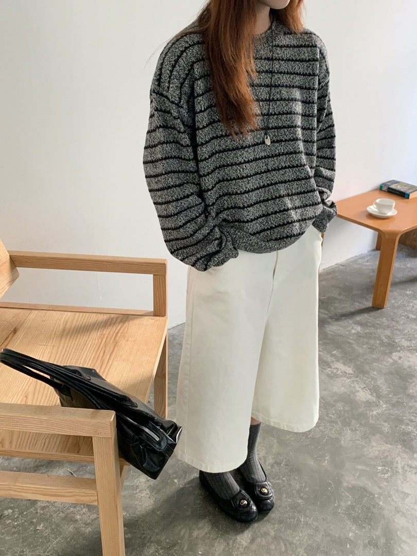 肆·百搭条纹羊毛软糯宽松透气毛衣女灰色系慵懒感套头针织衫毛衣