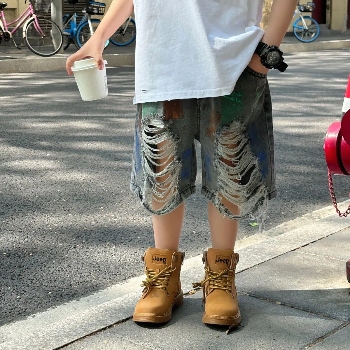 儿童牛仔裤夏季新款男童时尚洋气做旧乞丐破洞牛仔短裤潮