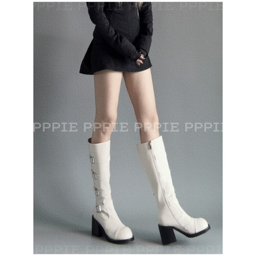 PPPIE 无人区玫瑰2.0 灰色奶白色呢子面料裙子的百搭王粗跟长靴