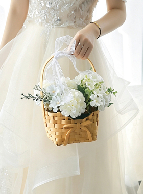 森系手工编织花篮仿真花田园风婚纱婚礼领证订婚户外拍摄手提装饰