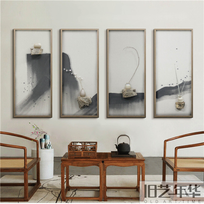 花瓶摆件 客厅 插花装饰画新中式手工立体木头挂画实物水墨创意画
