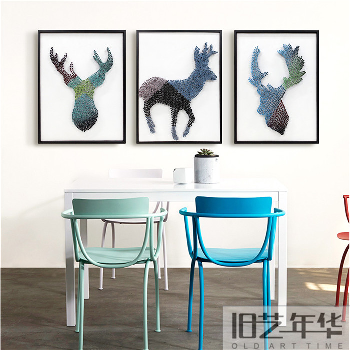 现代简约装饰画北欧钉子驯鹿立体艺术挂画客厅玄关软装家居实物画图片