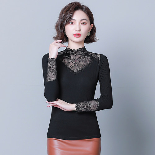 莫代尔高领加绒加厚蕾丝衫