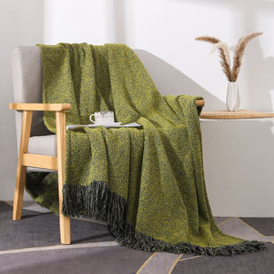 侘寂风沙发毯网红酒店民宿床尾巾搭毯芥末绿色床旗样板房软装搭配