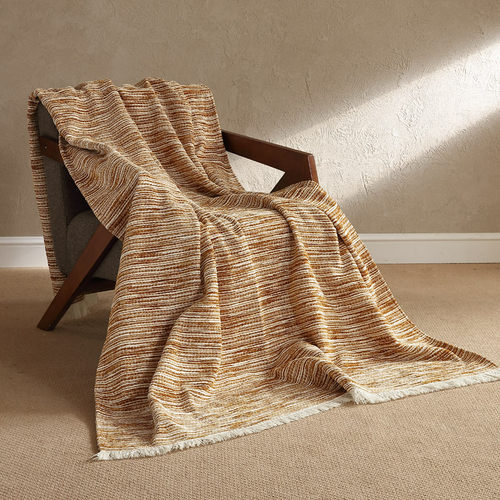 咖黄色条纹侘寂风搭毯床尾巾酒店民宿别墅样板房软装装饰毯定制