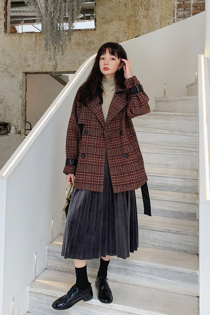 现货2022冬季新款格子系腰含羊绒80毛呢大衣P135K198,女装毛呢外套,时倾STUDIO