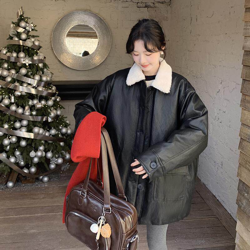 港风复古羊羔毛领PU皮羽绒服女2025年冬季新款显瘦加厚白鸭绒外套,女装皮衣,时倾STUDIO