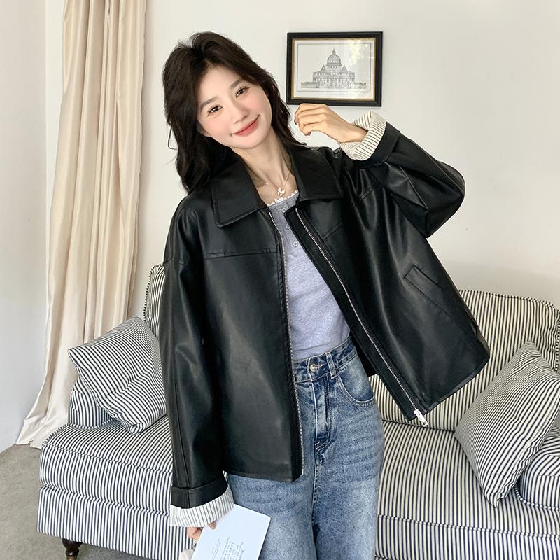 现货2025春季新款蛋白皮皮衣撞色条纹P145K198,女装短外套,时倾STUDIO