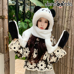 正版可爱连体熊猫帽子围巾手套一体三件套冬季毛绒保暖圣诞礼物女