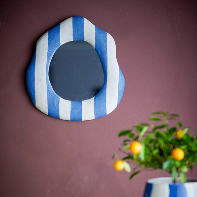 丹麦代购 Bloomingville 复古蓝色条纹不规则形状挂墙面装饰镜子