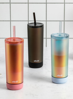 美国代购 Ello 多彩大容量吸管杯塑料双壁隔热车载饮料杯子水壶