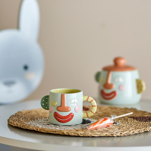 丹麦Bloomingville超可爱儿童喝水牛奶粗陶马克杯子带盖收纳罐子