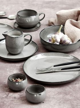 北欧代购 Lene Bjerre 简约亮釉面灰色咖啡杯碟套装盘子小碗茶壶