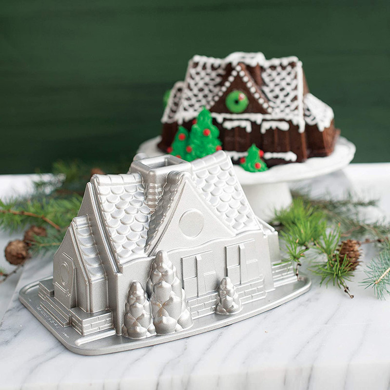 现货 美国Nordic Ware 圣诞银色3D姜饼屋不粘慕斯磅蛋糕烘焙模具