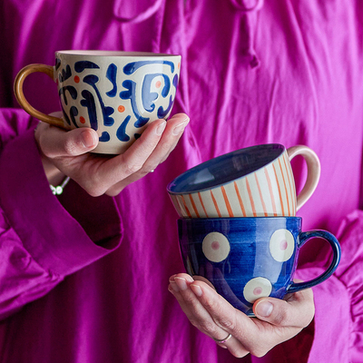 丹麦 Bloomingville 异域风情多彩条纹波点粗陶瓷马克杯子咖啡杯