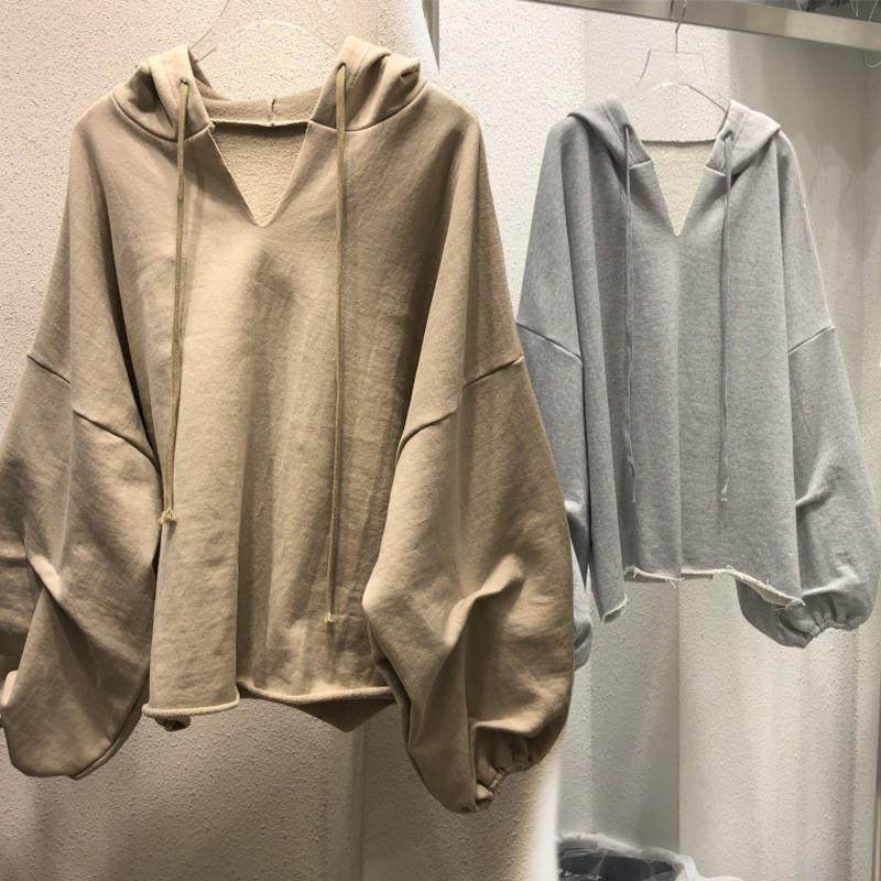 棉卫衣女连帽春秋新款薄款宽松韩版纯色V领学生上衣女装